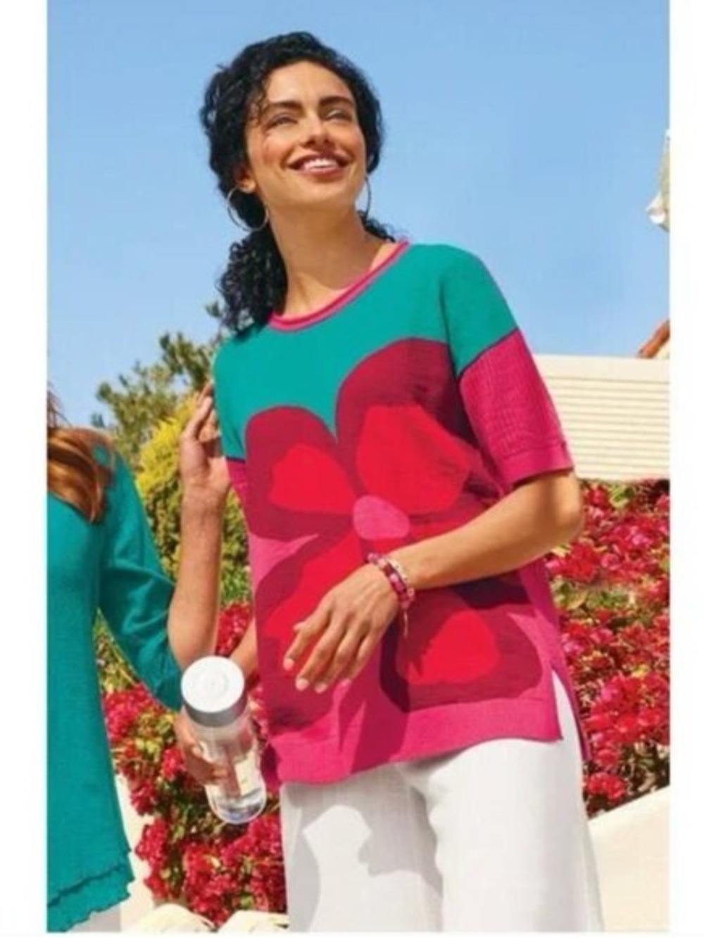 New! Soft Surroundings Biosphere Red Flower Print Sweater Top Sz M 100% Cotton